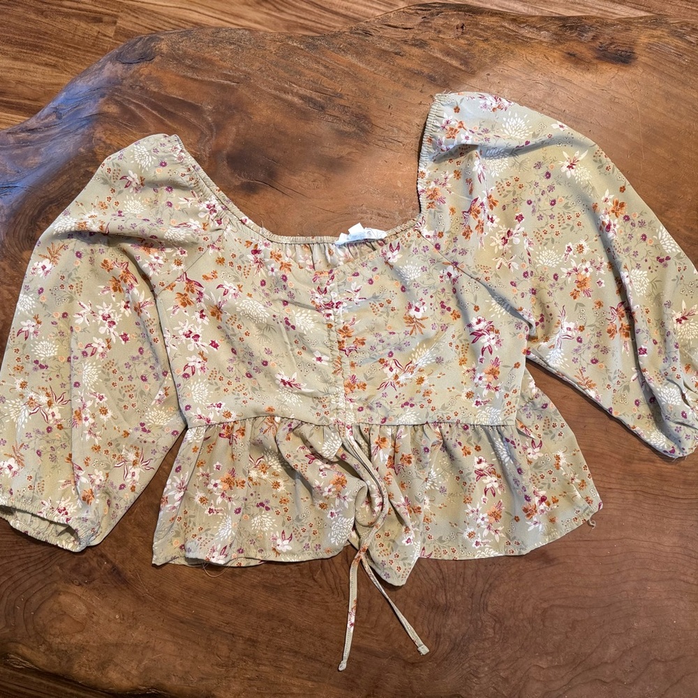 Pink rose sage green floral print puff-sleeve peplum blouse